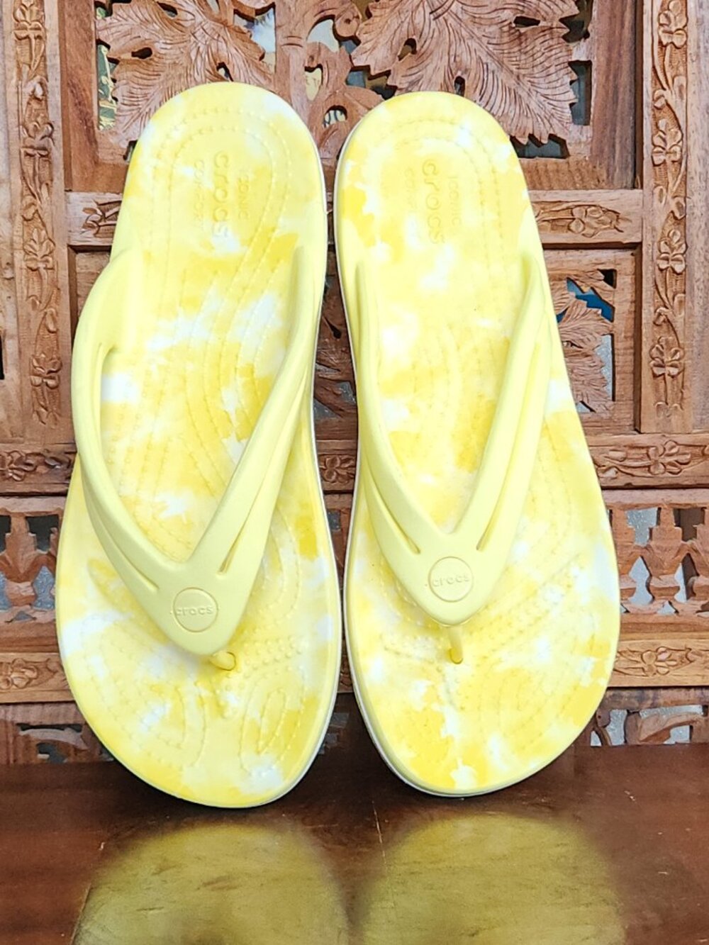 Crocs Yellow Tie-Dye Flip Flops